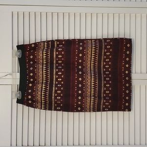 Pencil skirt, burgundy, black and gold geometric. M, Medium. Stretchy!